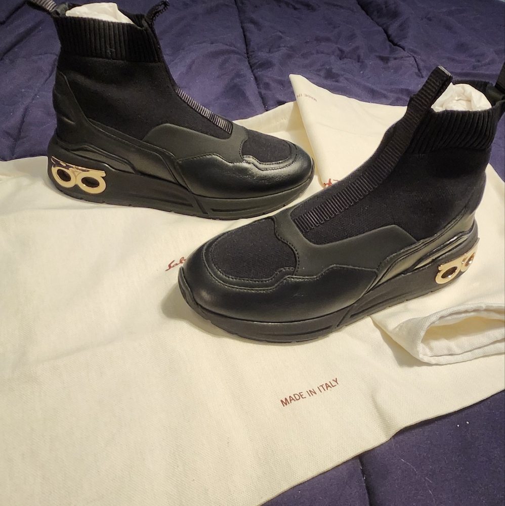 Black High-Top Salvatore Ferragamo  Sneakers with Gold Accents. Gently Loved
